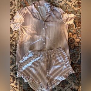 Striped Short Sleeve Satin Pajama Set - Lavender